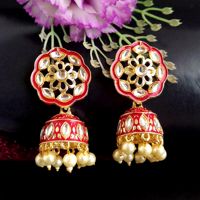 PARSHWAM Pink Glossy Meenakari Pearl Drop Jhumki