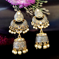 PARSHWAM Grey Glossy Meenakari Pearl Drop Jhumki