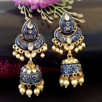 PARSHWAM Blue Glossy Meenakari Pearl Drop Jhumki