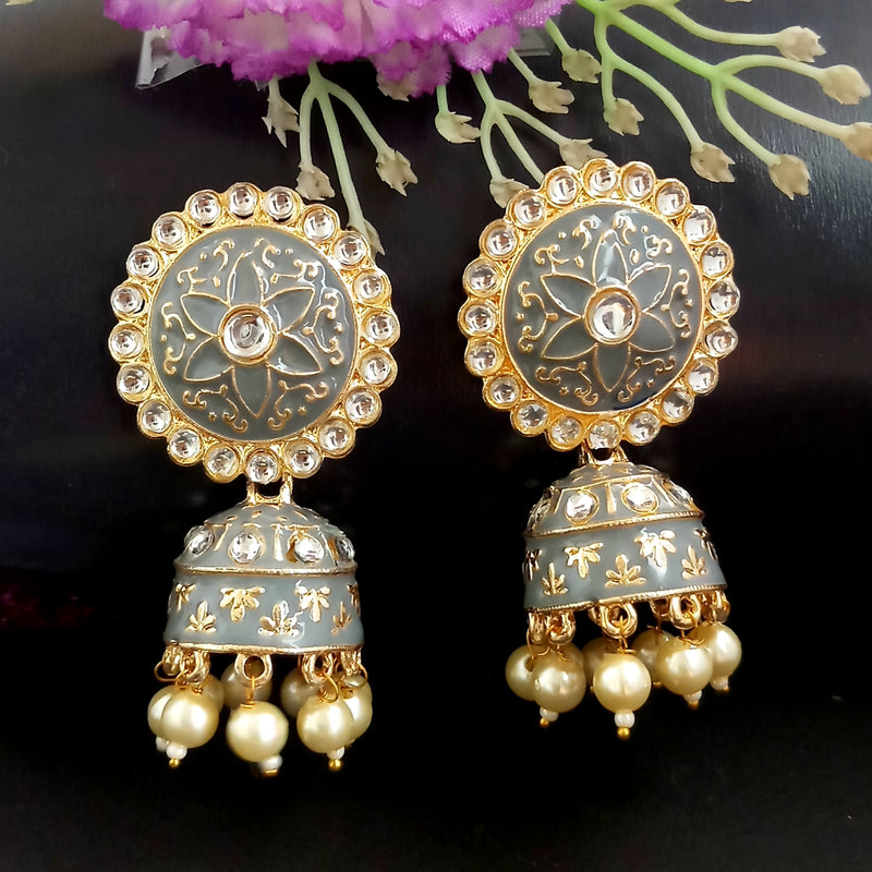 PARSHWAM Grey Glossy Meenakari Pearl Drop Jhumki