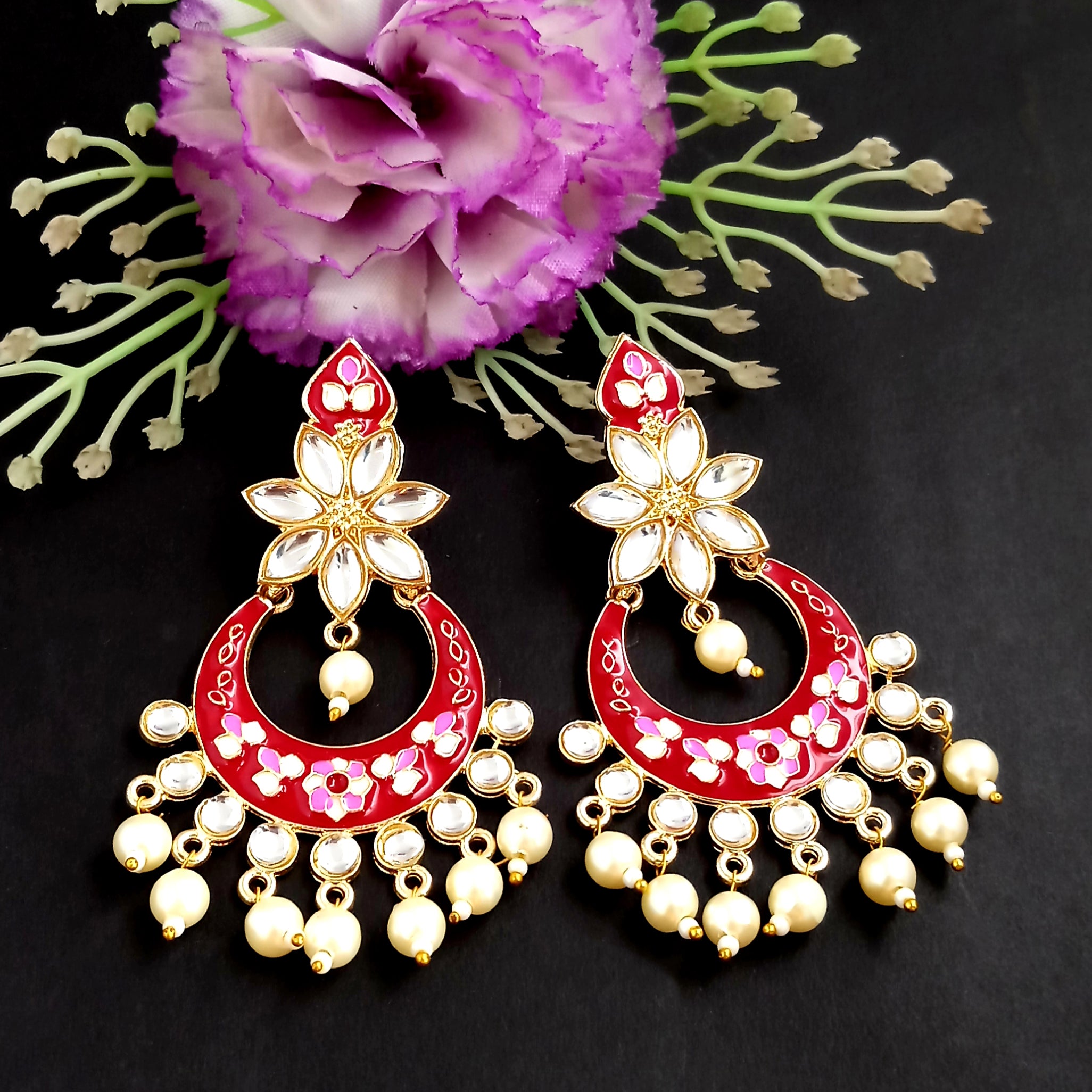 PARSHWAM Pink Glossy Meenakari Pearl Drop Earring