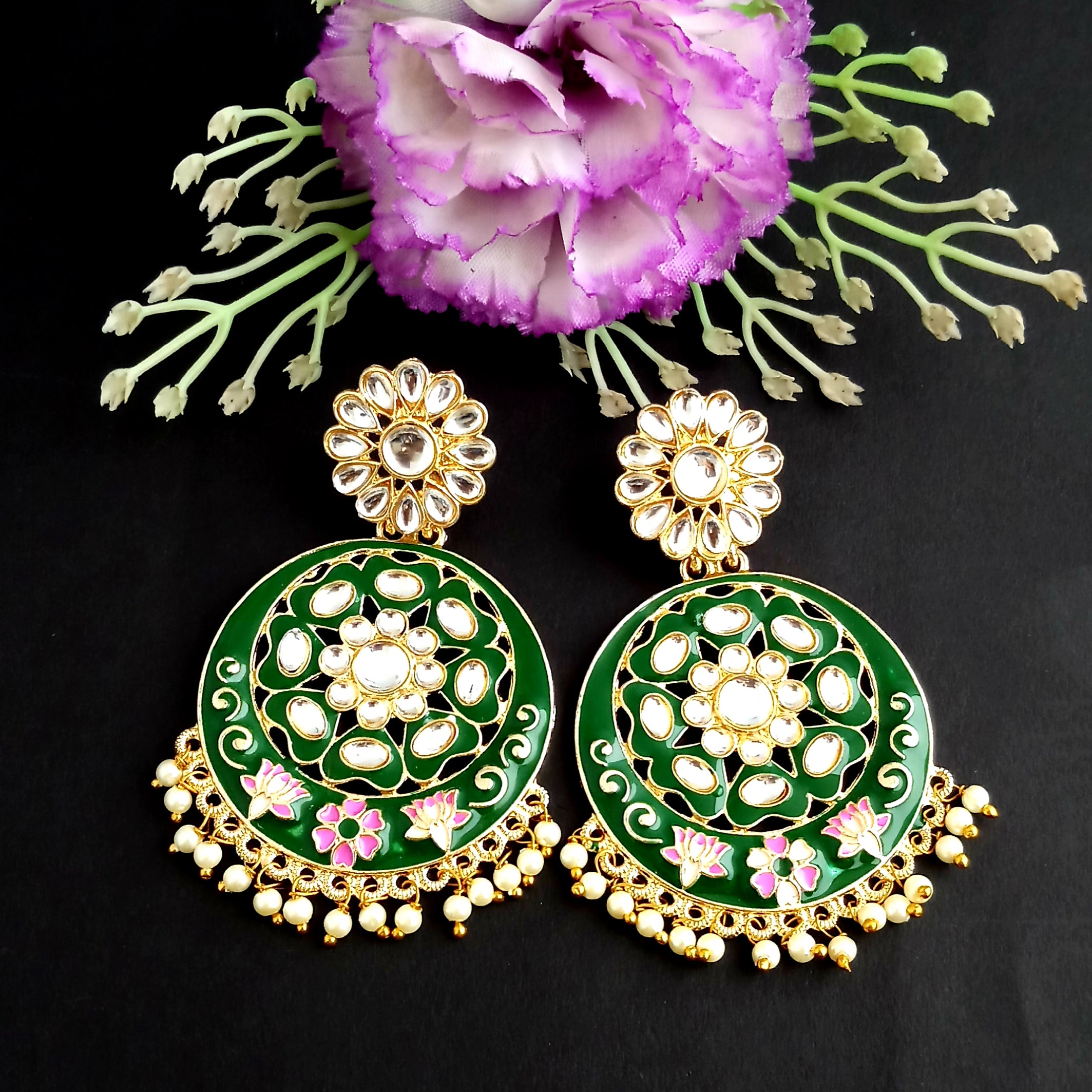 PARSHWAM Dark Green Glossy Meenakari Pearl Drop Jhumki