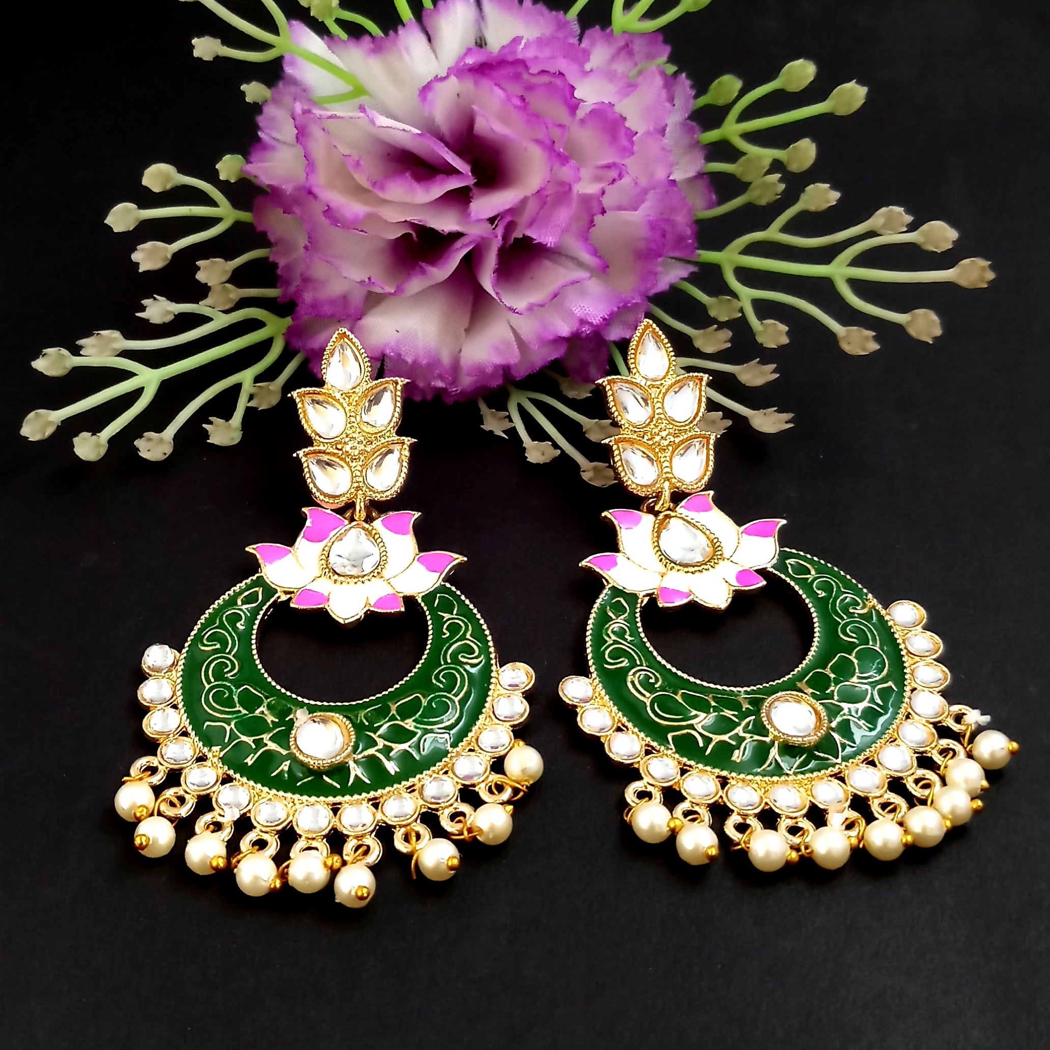 PARSHWAM Dark Green Glossy Meenakari Pearl Drop Jhumki
