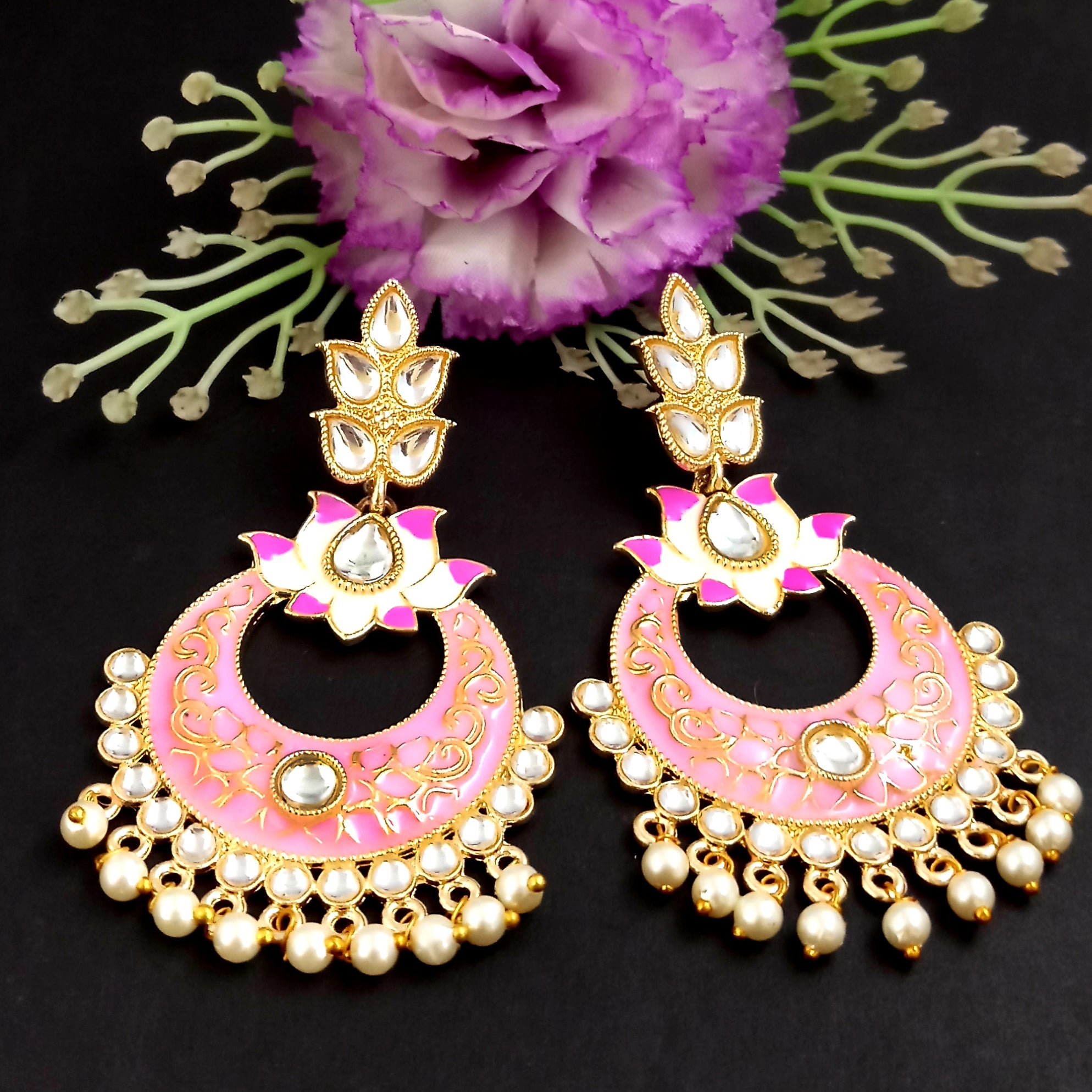 PARSHWAM Light Pink Glossy Meenakari Pearl Drop Jhumki