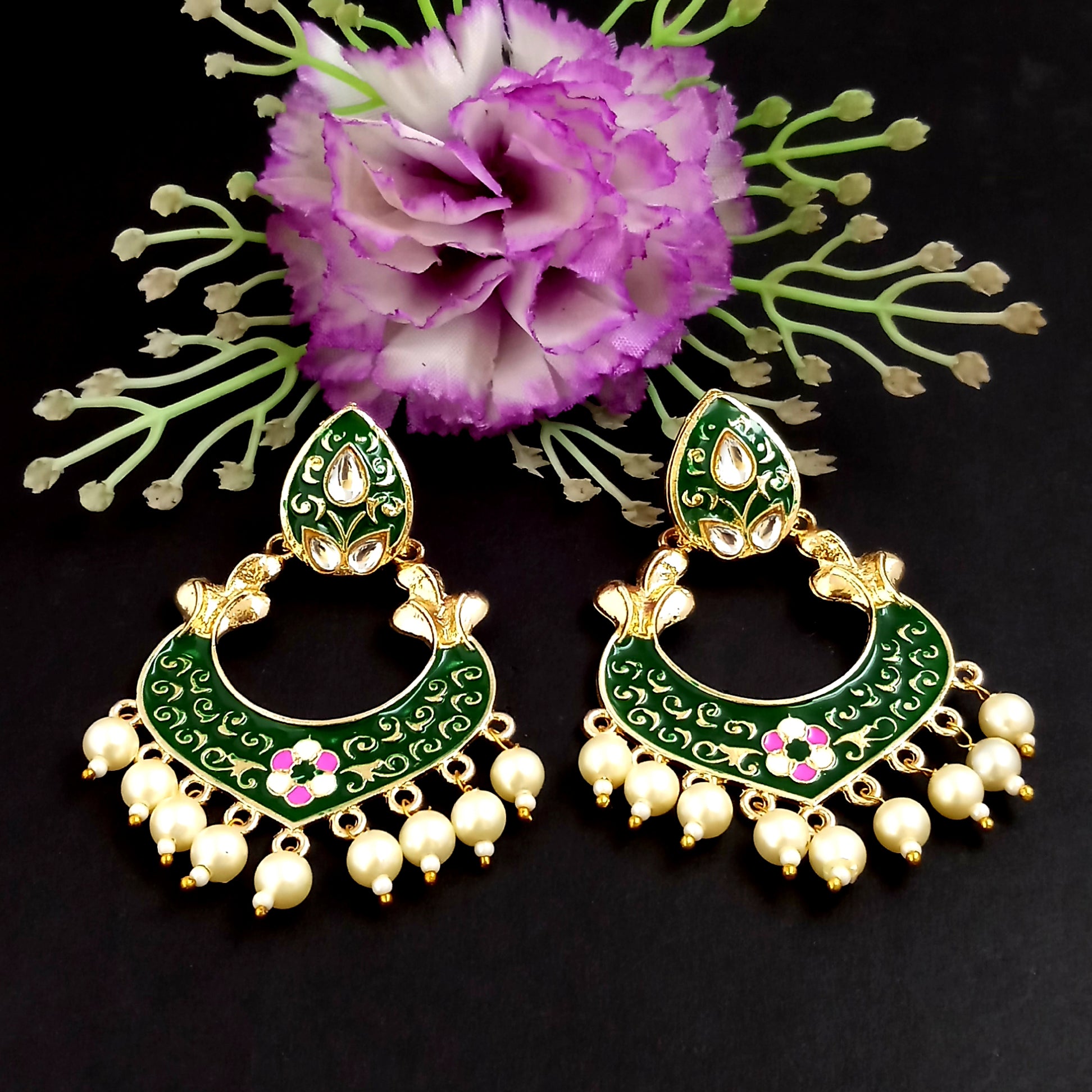 PARSHWAM Dark Green Glossy Meenakari Pearl Drop Jhumki