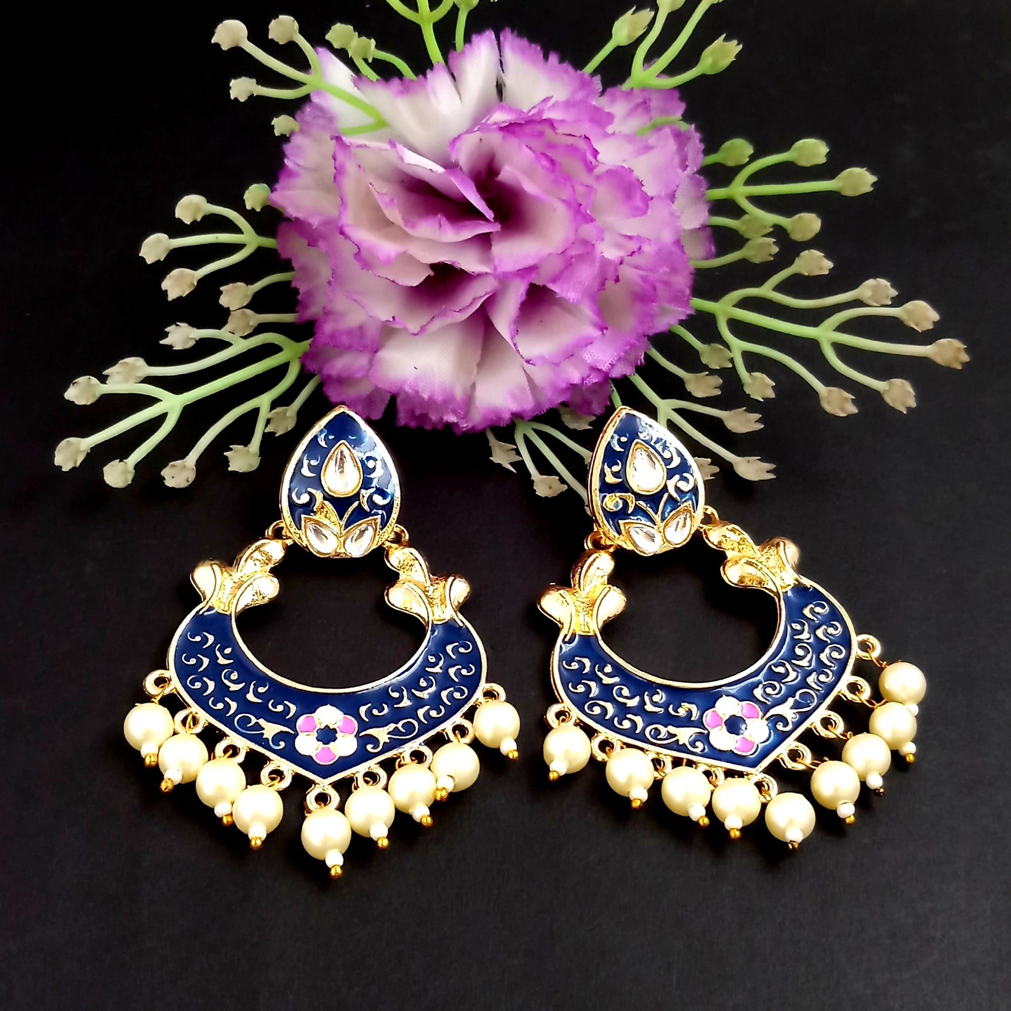 PARSHWAM Blue Glossy Meenakari Pearl Drop Jhumki