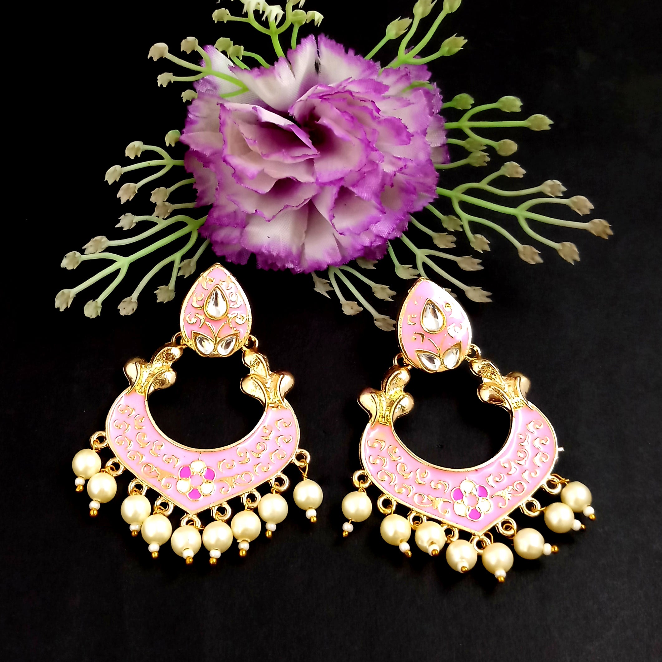 PARSHWAM Light Pink Glossy Meenakari Pearl Drop Jhumki
