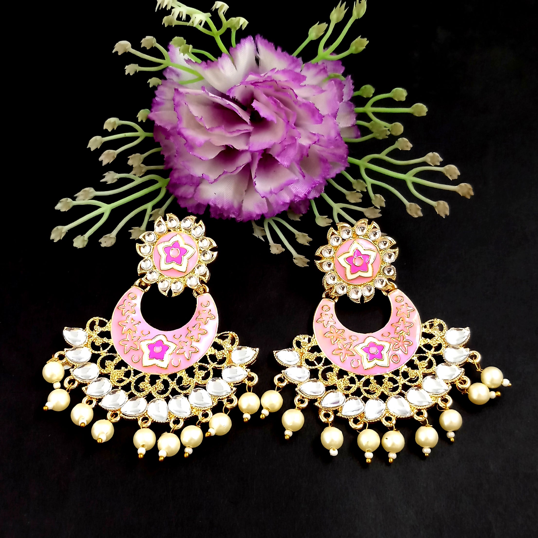 PARSHWAM Light Pink Glossy Meenakari Pearl Drop Jhumki