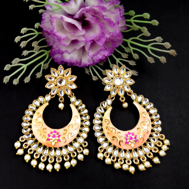 PARSHWAM Peach Glossy Meenakari Pearl Drop Jhumki