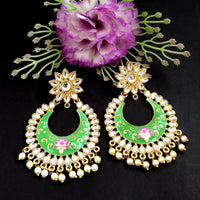 PARSHWAM Light Green Glossy Meenakari Pearl Drop Jhumki