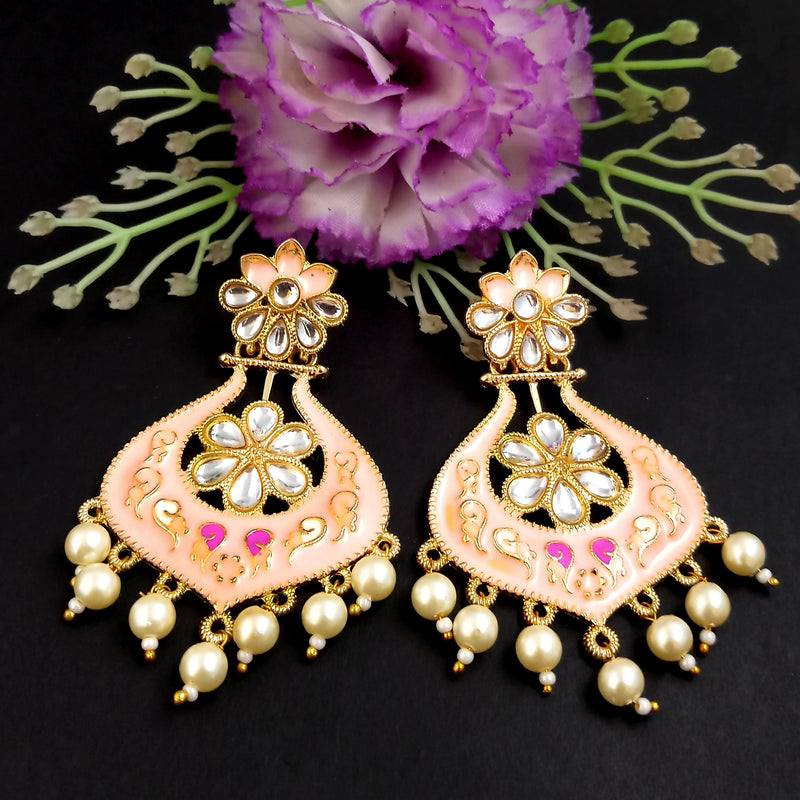 PARSHWAM Peach Glossy Meenakari Pearl Drop Jhumki