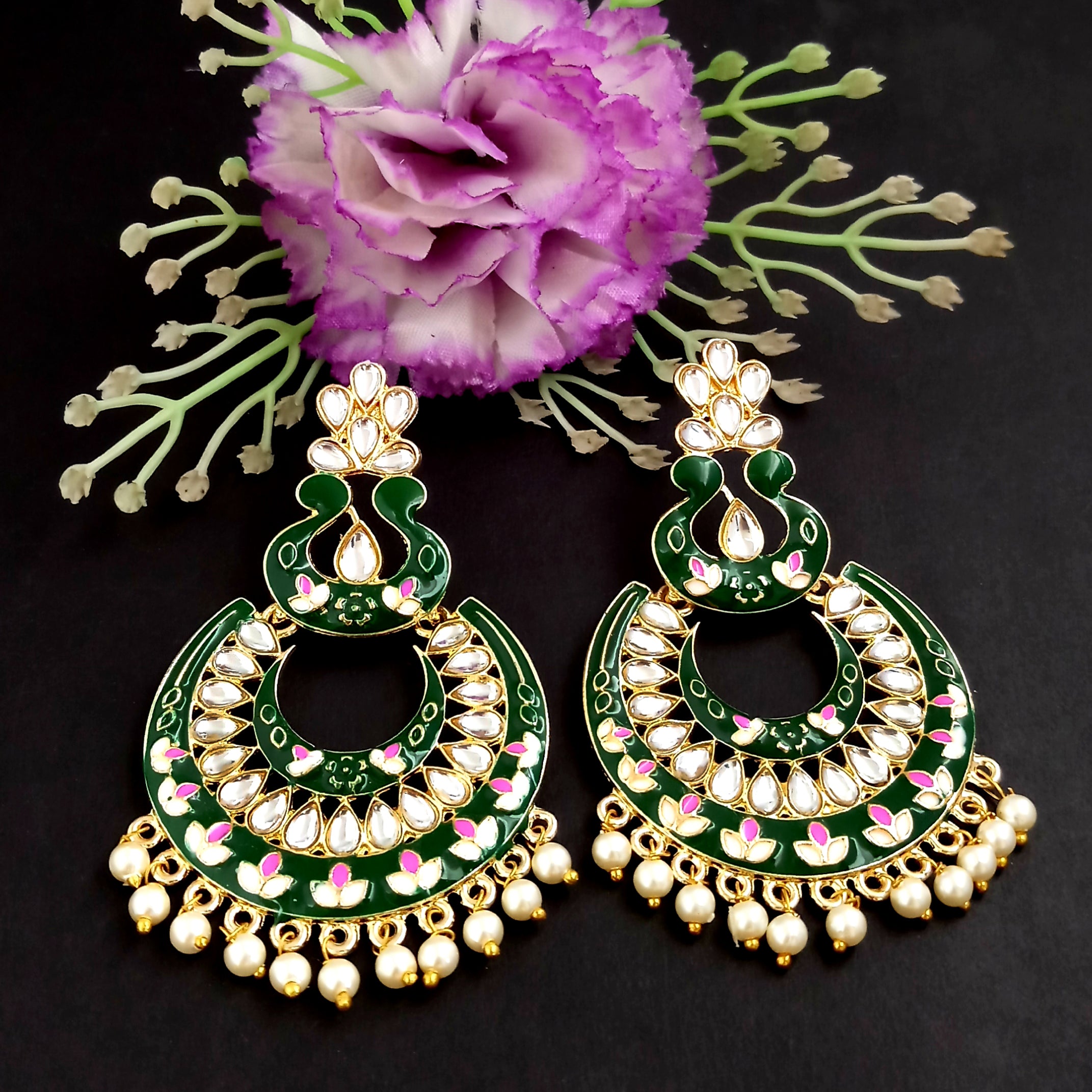 PARSHWAM Dark Green Glossy Meenakari Pearl Drop Jhumki