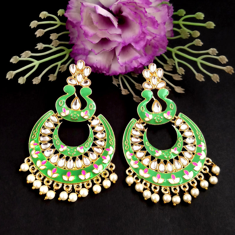 PARSHWAM Light Green Glossy Meenakari Pearl Drop Jhumki