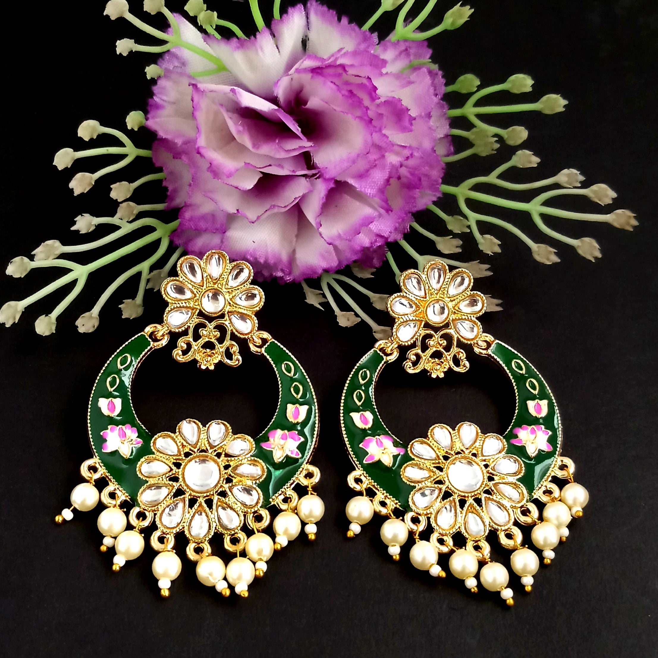 PARSHWAM Dark Green Glossy Meenakari Pearl Drop Jhumki