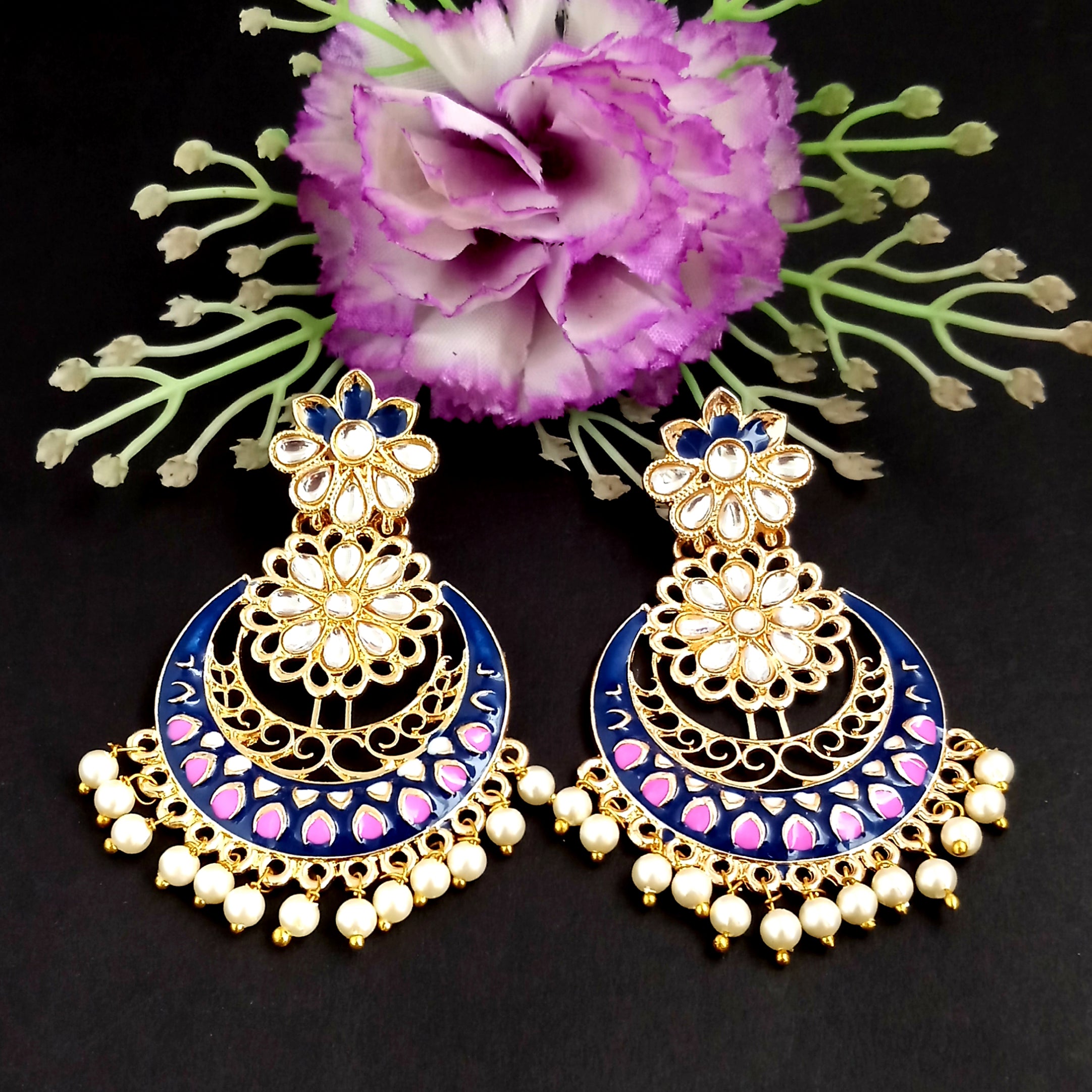 PARSHWAM Blue Glossy Meenakari Pearl Drop Jhumki