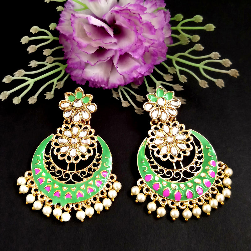 PARSHWAM Light Green Glossy Meenakari Pearl Drop Jhumki