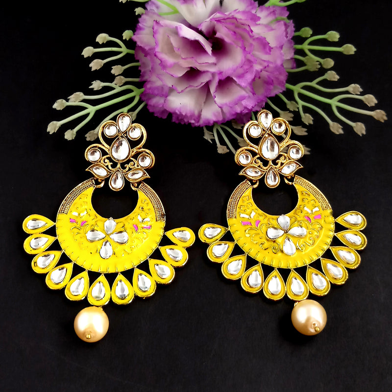 PARSHWAM Yellow Glossy Meenakari Pearl Drop Jhumki