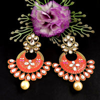 PARSHWAM Orange Glossy Meenakari Pearl Drop Jhumki
