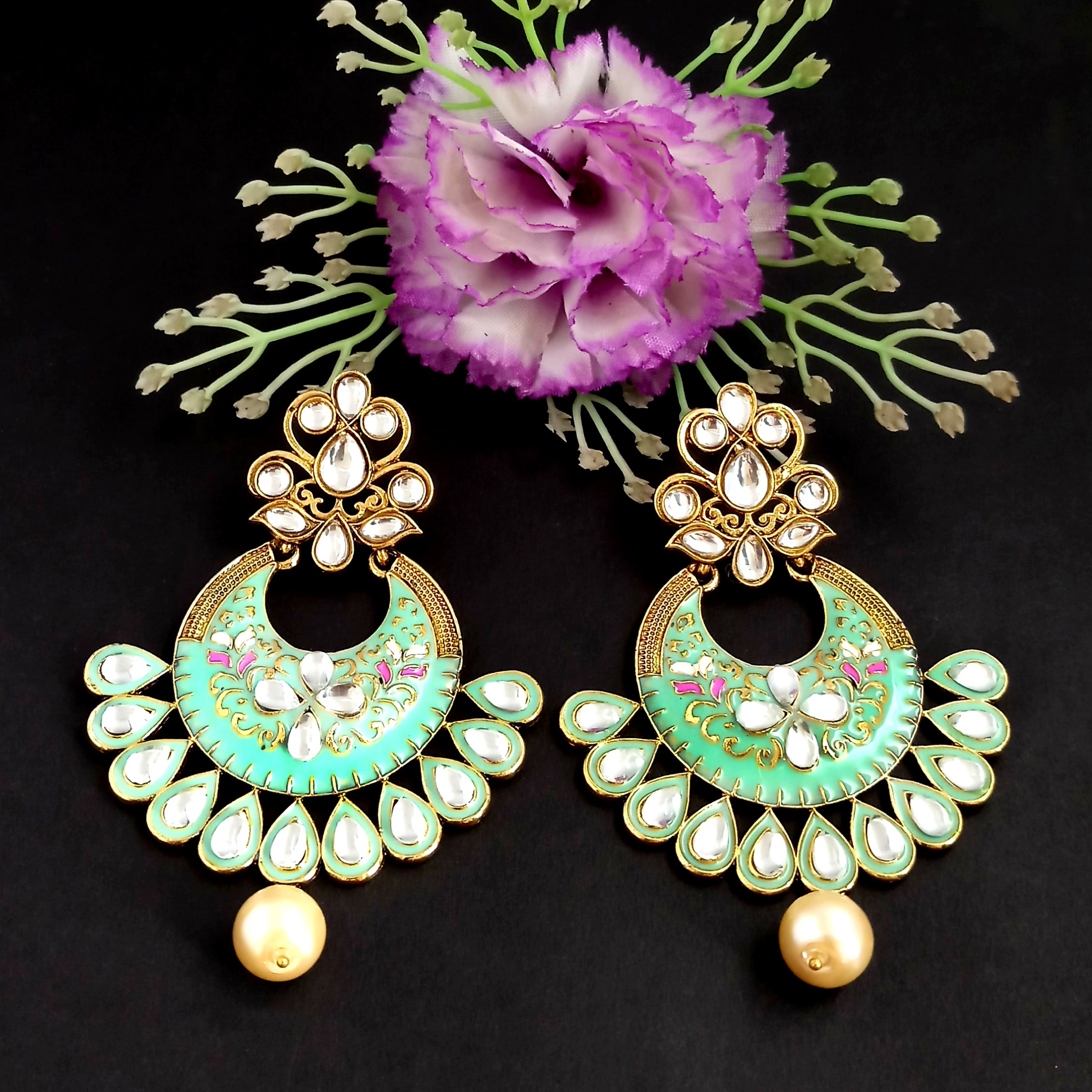 PARSHWAM Mint Green Glossy Meenakari Pearl Drop Jhumki