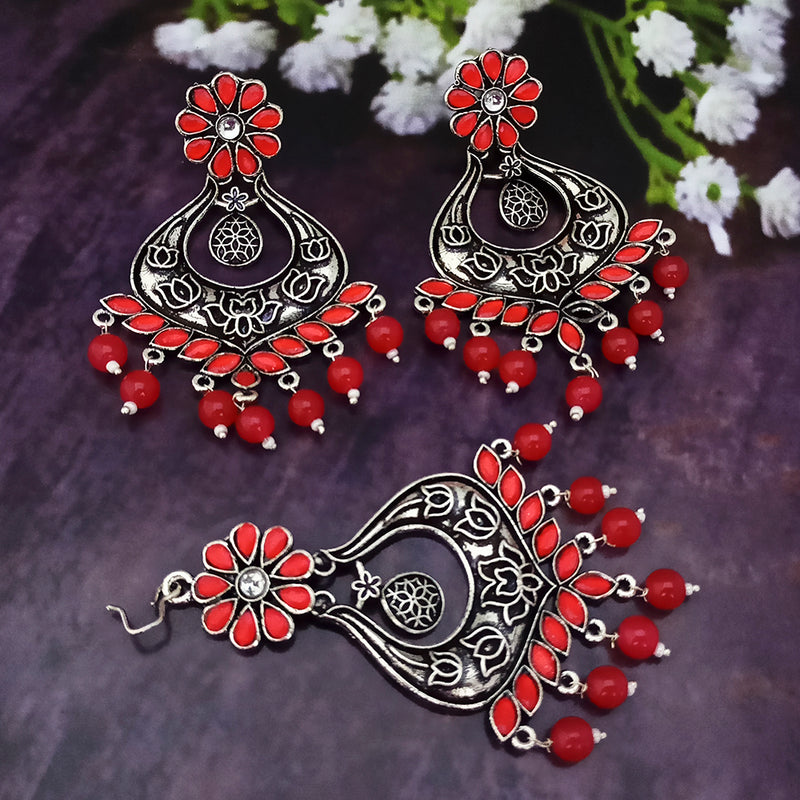 Jinu Arts Oxidised Plated Kundan and Beads Earrings with Maang Tikka