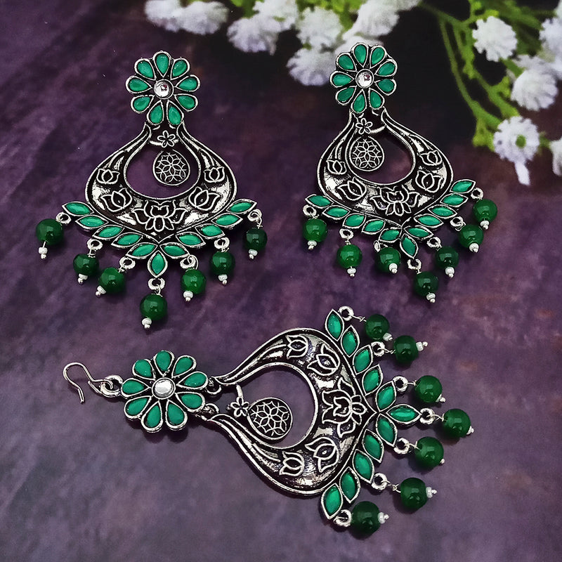 Jinu Arts Oxidised Plated Kundan and Beads Earrings with Maang Tikka