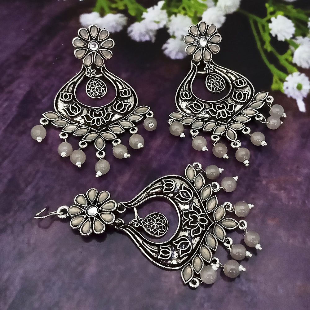 Jinu Arts Oxidised Plated Kundan and Beads Earrings with Maang Tikka