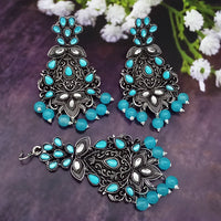 Jinu Arts Oxidised Plated Kundan and Beads Earrings with Maang Tikka