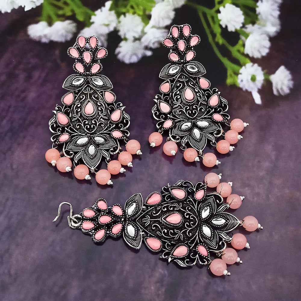 Jinu Arts Oxidised Plated Kundan and Beads Earrings with Maang Tikka