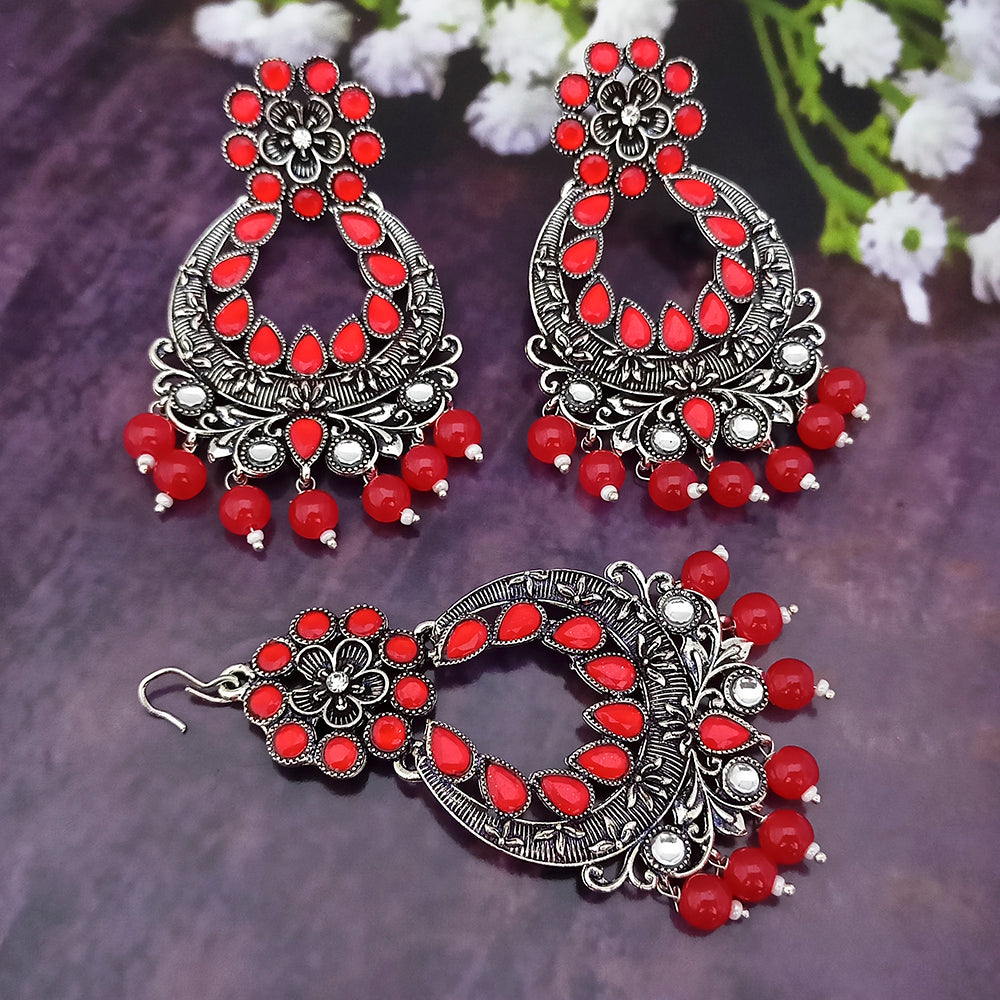 Jinu Arts Oxidised Plated Kundan and Beads Earrings with Maang Tikka