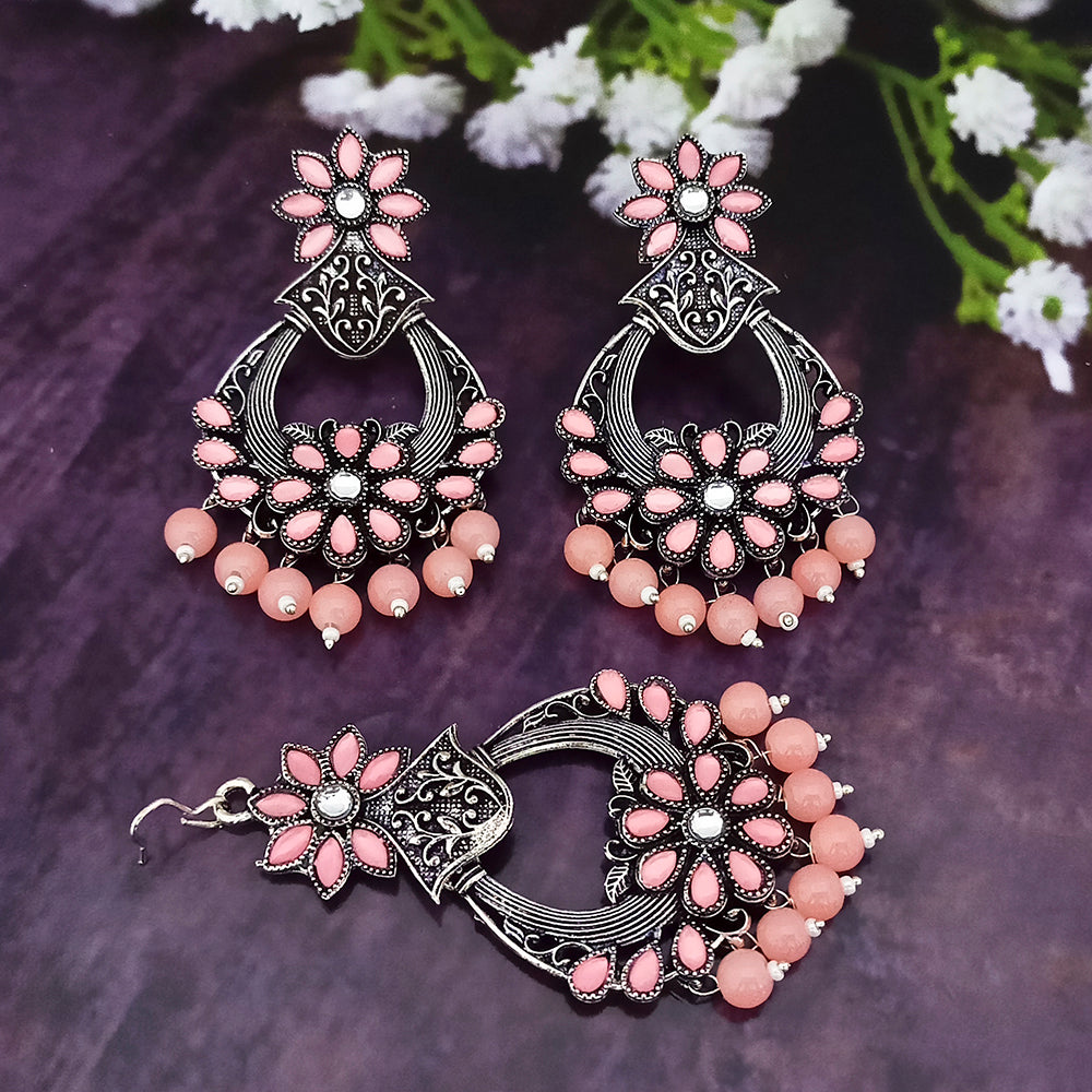 Jinu Arts Oxidised Plated Kundan and Beads Earrings with Maang Tikka