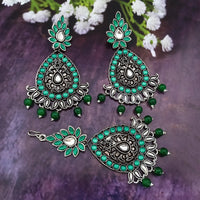 Jinu Arts Oxidised Plated Kundan and Beads Earrings with Maang Tikka