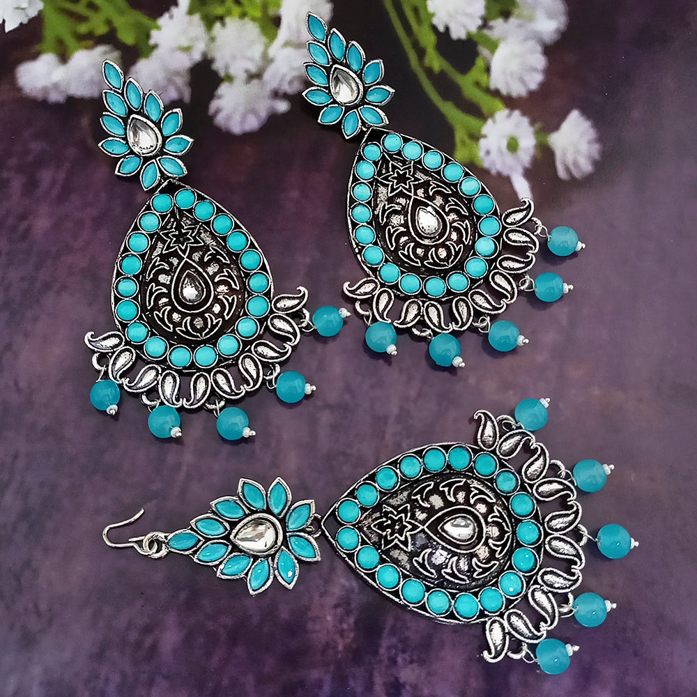 Jinu Arts Oxidised Plated Kundan and Beads Earrings with Maang Tikka