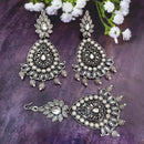 Jinu Arts Oxidised Plated Kundan and Beads Earrings with Maang Tikka