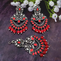 Jinu Arts Oxidised Plated Kundan and Beads Earrings with Maang Tikka