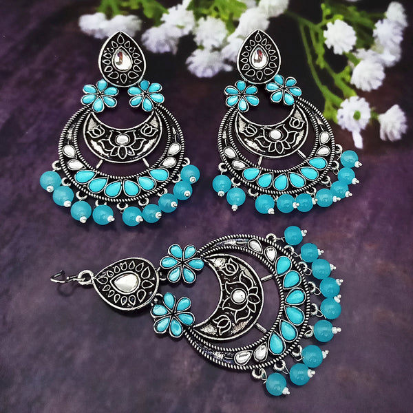 Jinu Arts Oxidised Plated Kundan and Beads Earrings With Maang Tikka