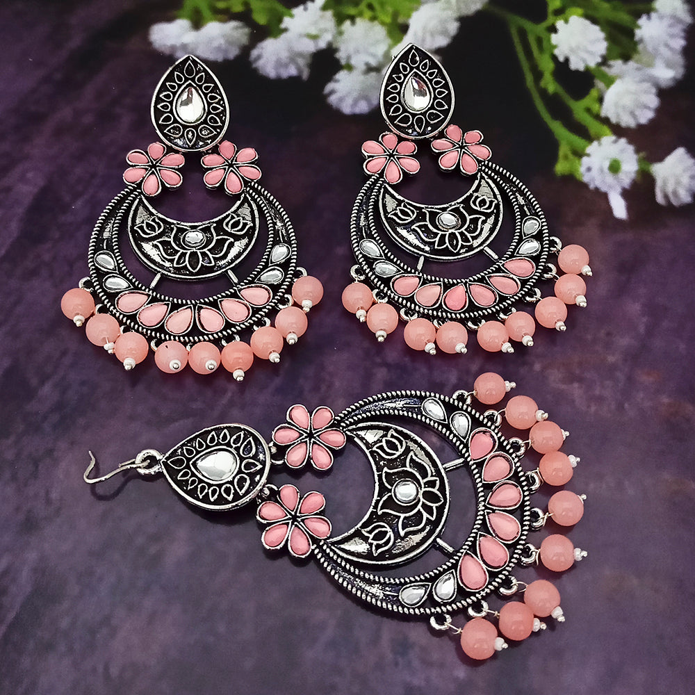 Jinu Arts Oxidised Plated Kundan and Beads Earrings With Maang Tikka