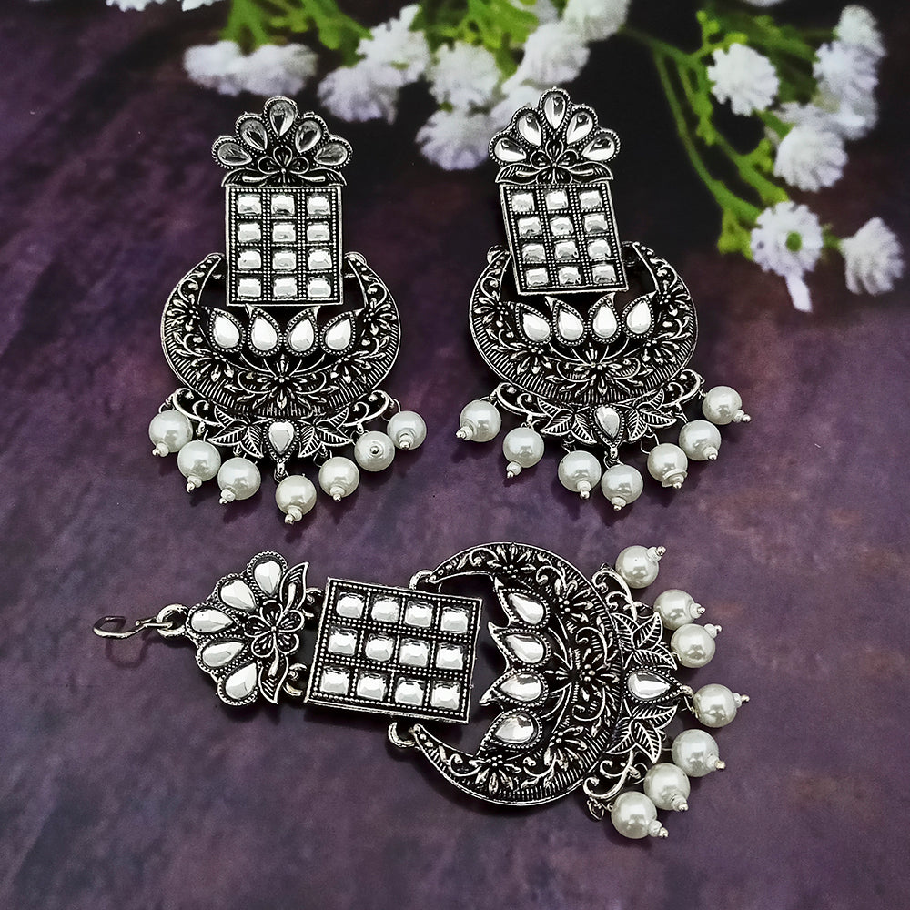 Jinu Arts Oxidised Plated Kundan and Beads Earrings With Maang Tikka