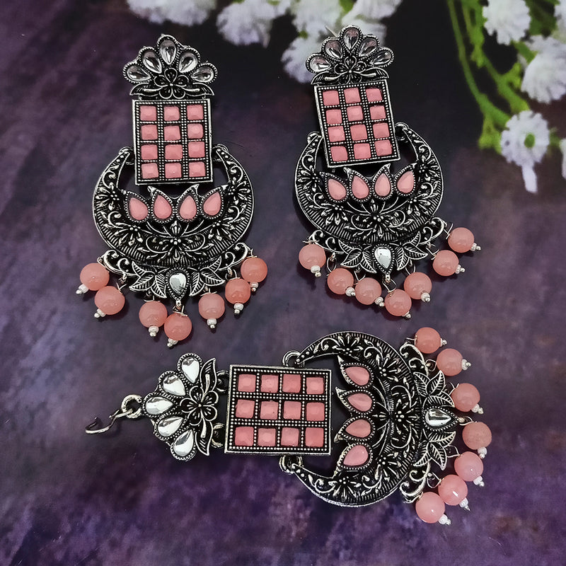 Jinu Arts Oxidised Plated Kundan and Beads Earrings With Maang Tikka