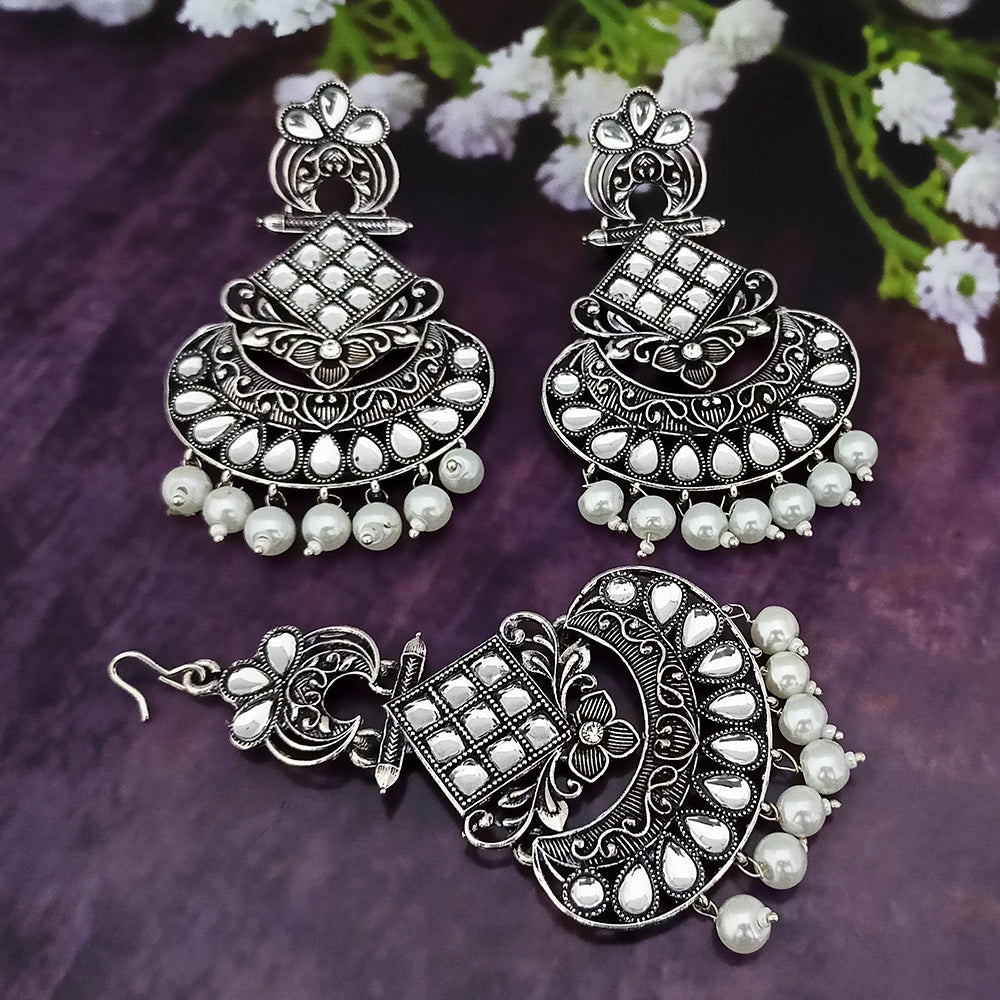 Jinu Arts Oxidised Plated Kundan and Beads Earrings With Maang Tikka