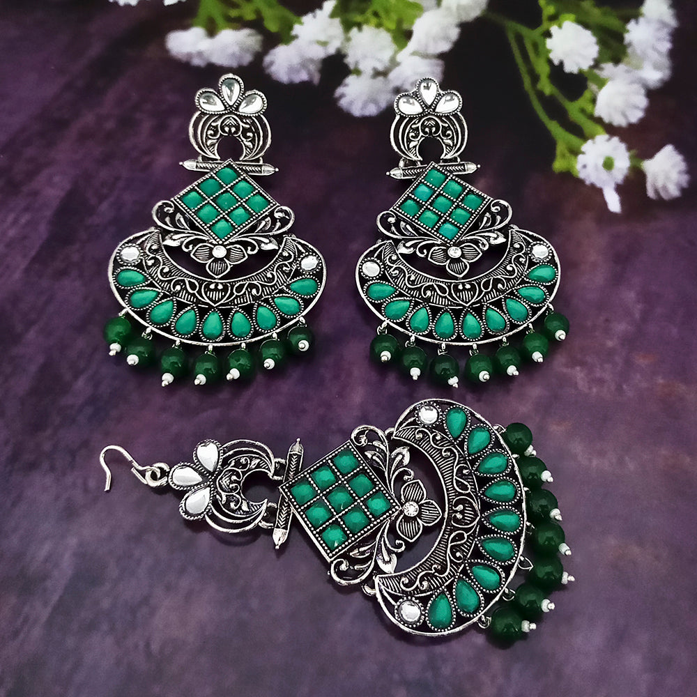 Jinu Arts Oxidised Plated Kundan and Beads Earrings With Maang Tikka