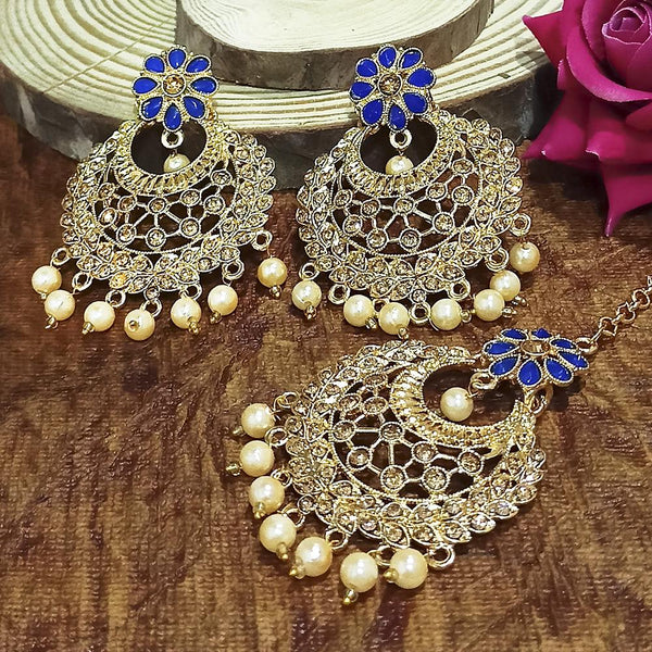 Adi Gold Plated Blue Kundan And Stone Earrings With Maang Tikka  - 1319203C