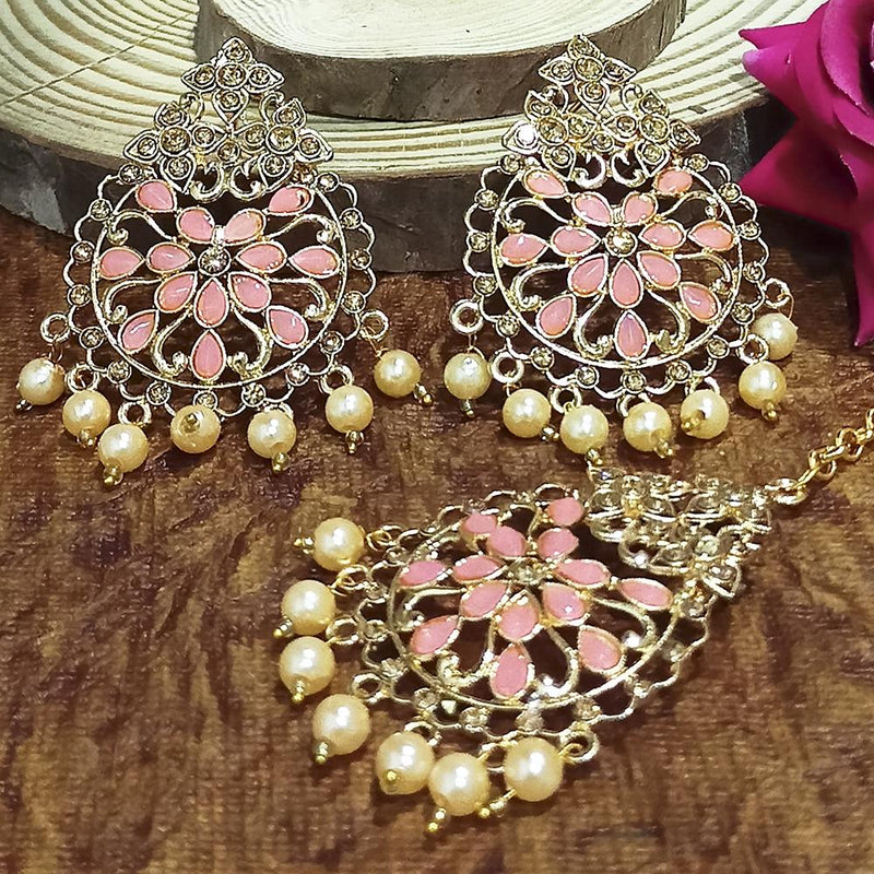 Adi Gold Plated Pink Kundan And Stone Earrings With Maang Tikka  - 1319204D