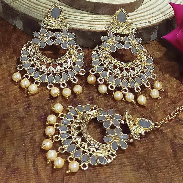 Adi Gold Plated Grey Kundan And Stone Earrings With Maang Tikka  - 1319205E