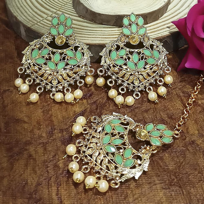 Adi Gold Plated Peach Kundan And Stone Earrings With Maang Tikka  - 1319206F