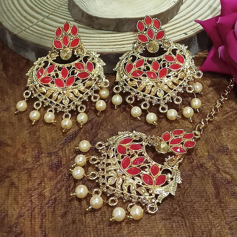 Adi Gold Plated Peach Kundan And Stone Earrings With Maang Tikka  - 1319206F