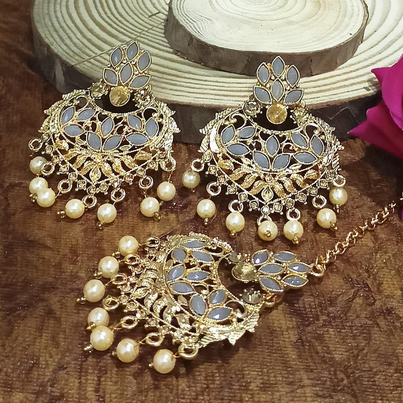 Adi Gold Plated Peach Kundan And Stone Earrings With Maang Tikka  - 1319206F