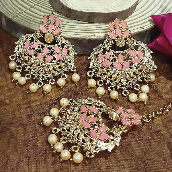 Big Barfi Flower Gold plated Jhumka - Peach Color Beads Brass Earring Set
