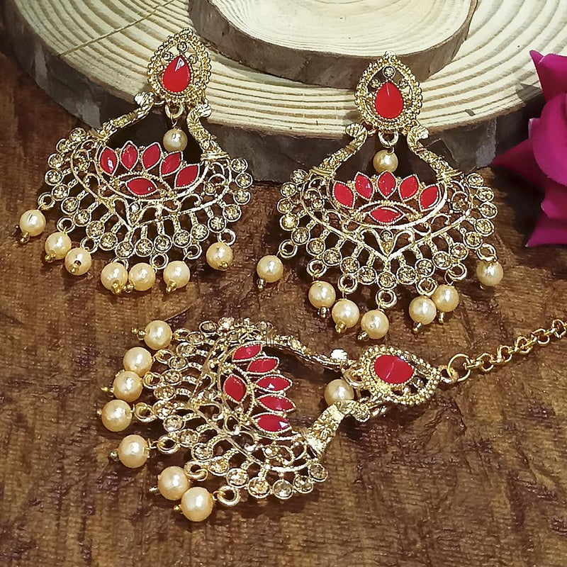 Adi Gold Plated Pink Kundan And Stone Earrings With Maang Tikka  - 1319207D