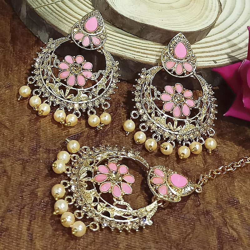 Adi Gold Plated Light Green Kundan And Stone Earrings With Maang Tikka  - 1319208A