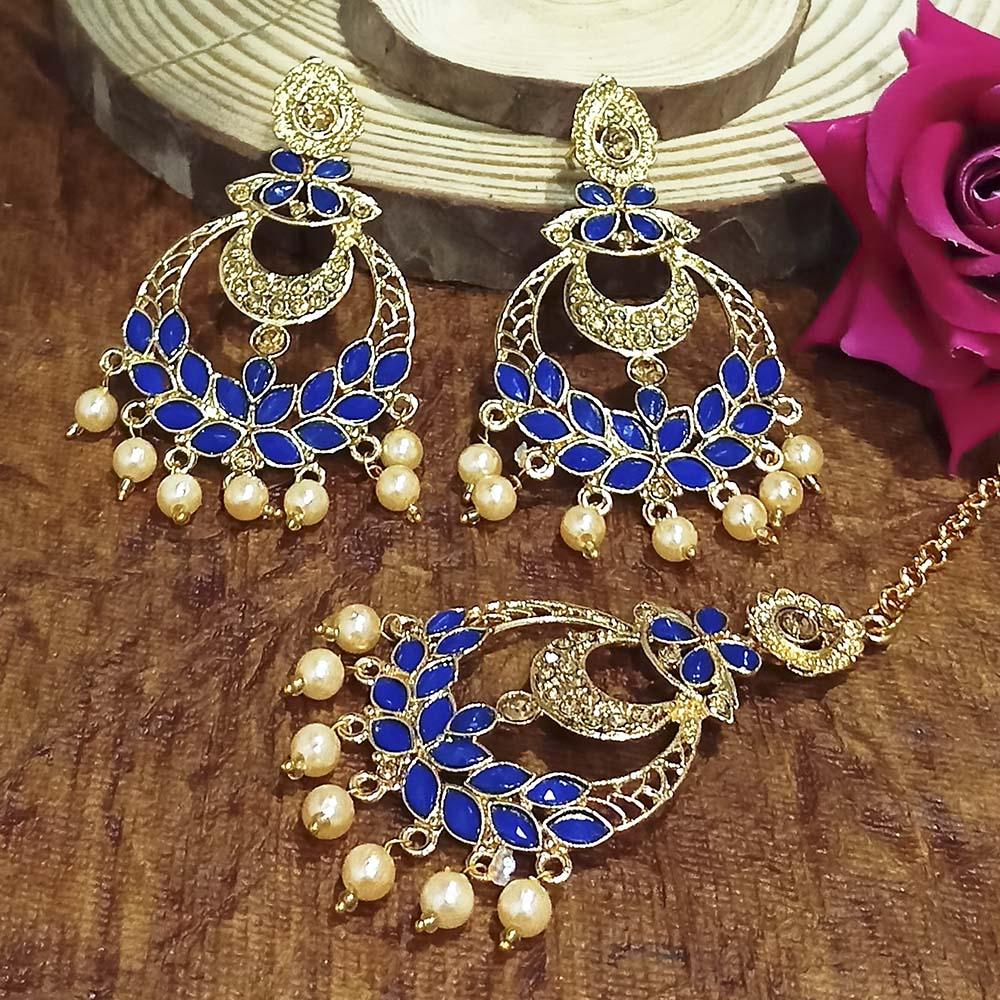 Adi Gold Plated Light Green Kundan And Stone Earrings With Maang Tikka  - 1319209A